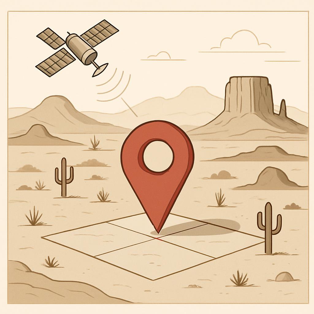 A desert landscape with a satellite and pinpoint location.