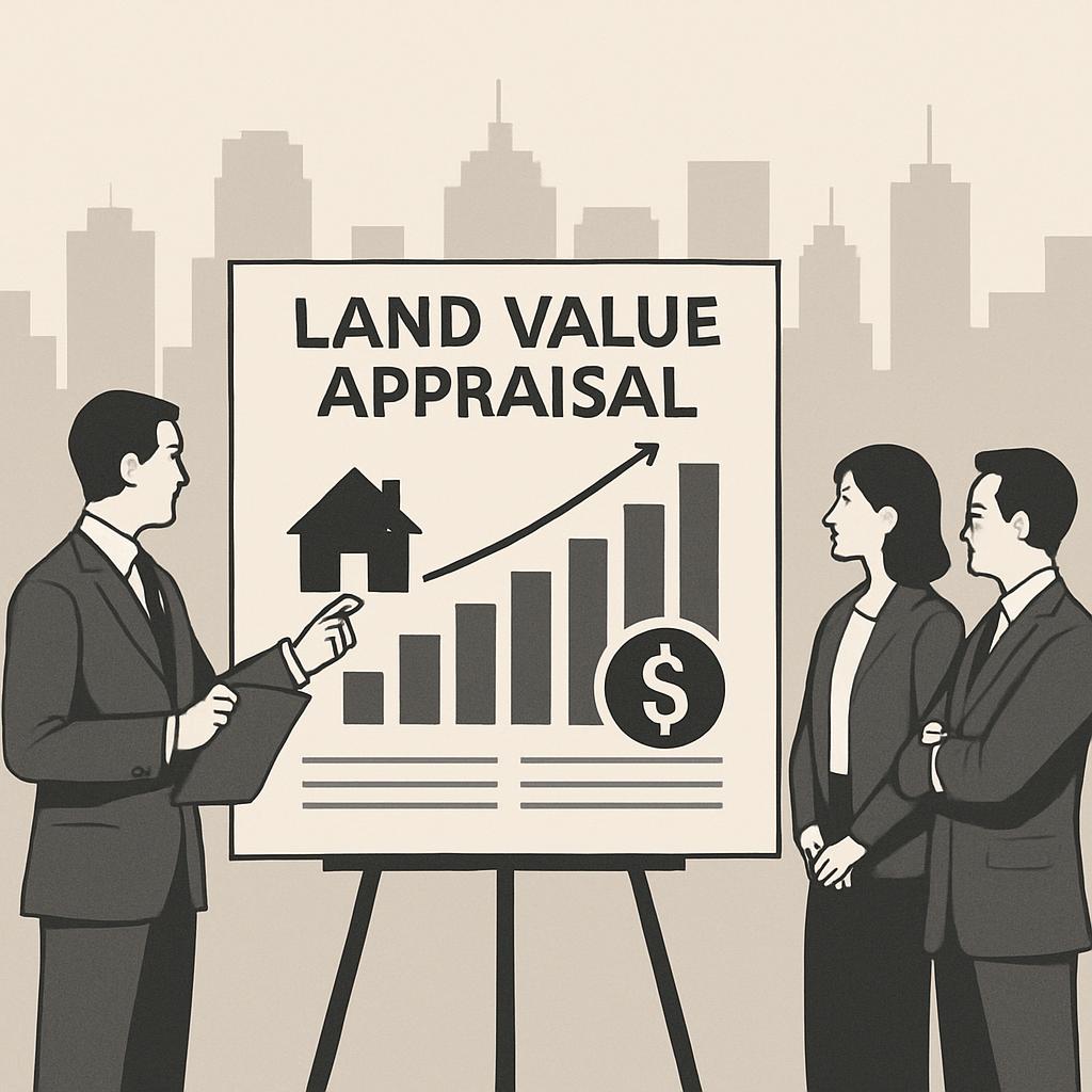 An illustration describing land value appraisal in the context of real estate, with a cityscape background, depicting a ma...