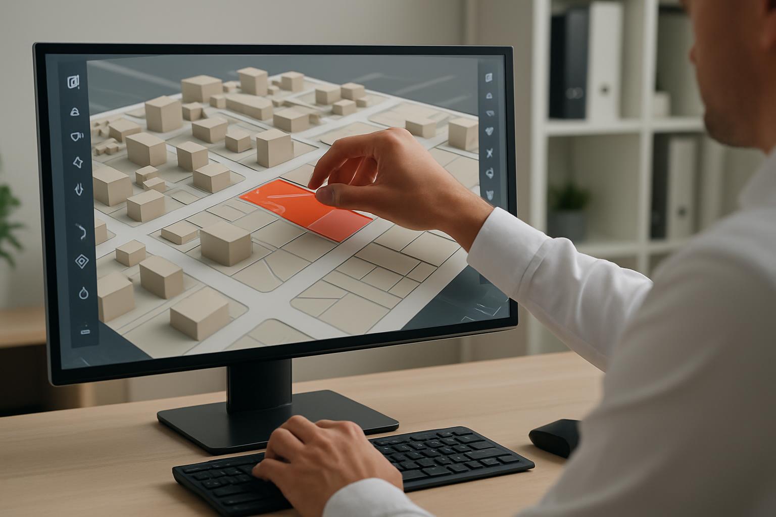 A person viewing a 3D computer model of a city map on a computer screen in a home office or architect studio.